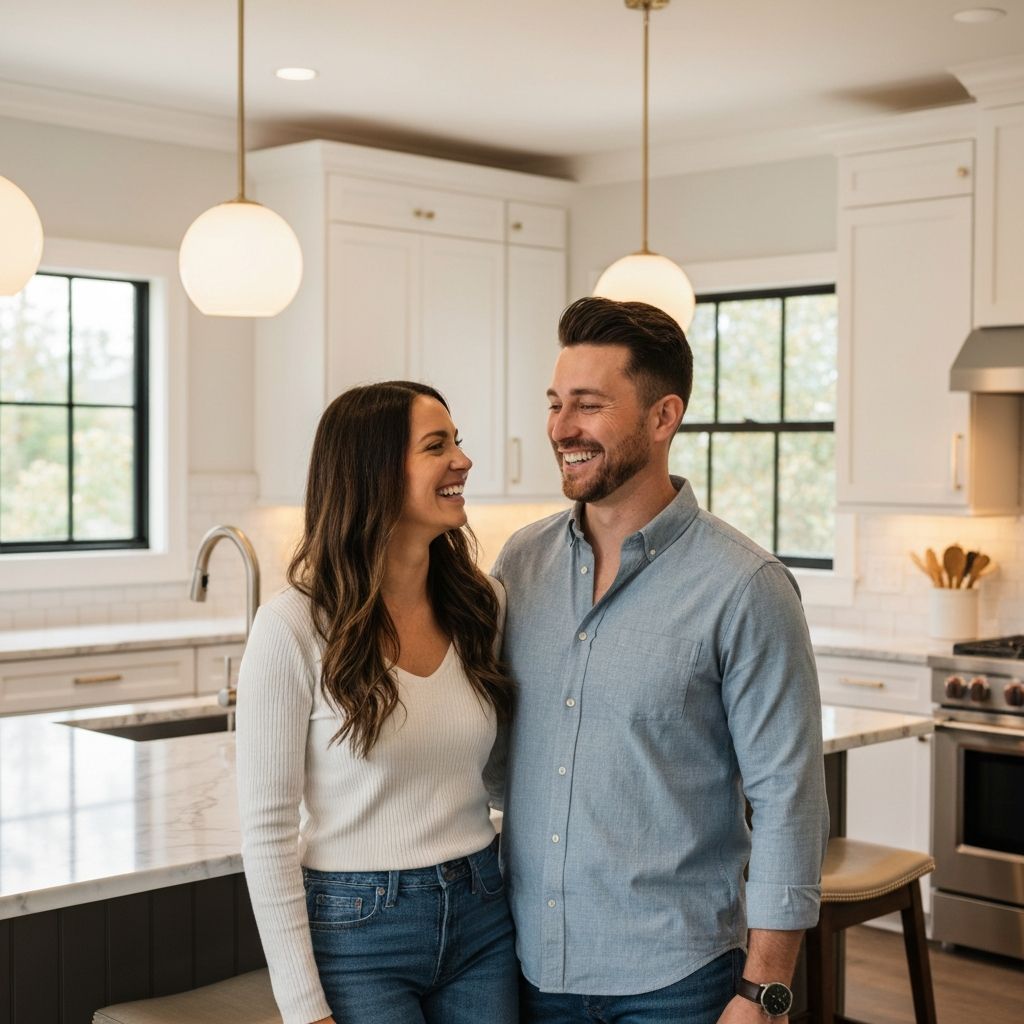 Happy homeowners in their newly remodeled kitchen